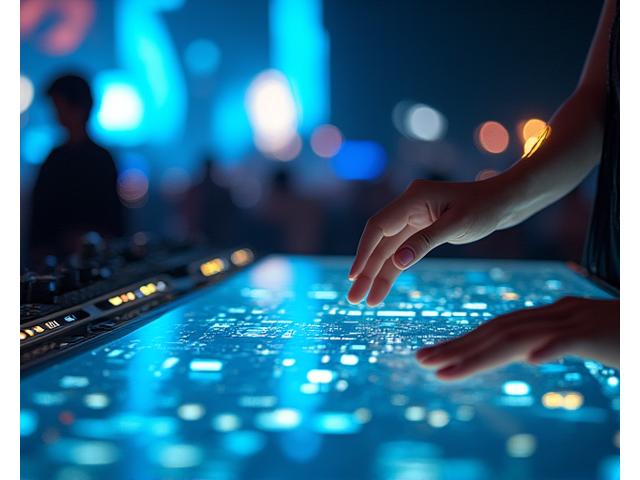 A digital artist manipulating glowing pixels on a large screen, preparing for a projection mapping display.