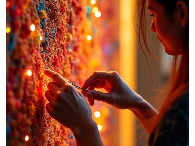 A mixed-media artist meticulously weaving recycled materials into a vibrant, textural installation.