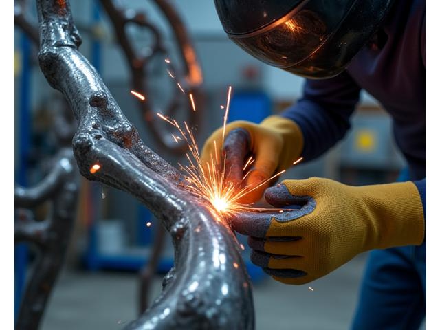 Close-up of a sculptor working on a large-scale metal art piece, showcasing detail and craftsmanship.