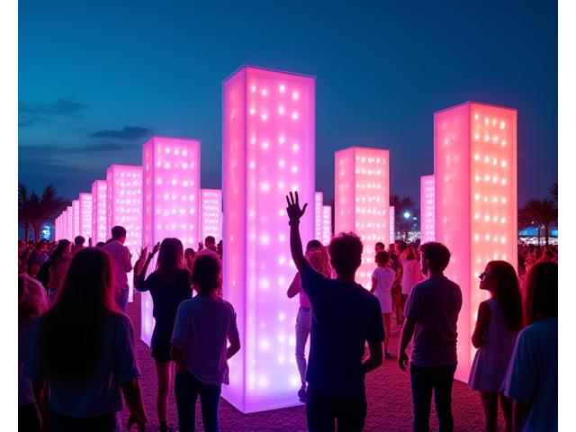 Festival attendees playing with a motion-sensing interactive light installation that changes colors based on their movement.