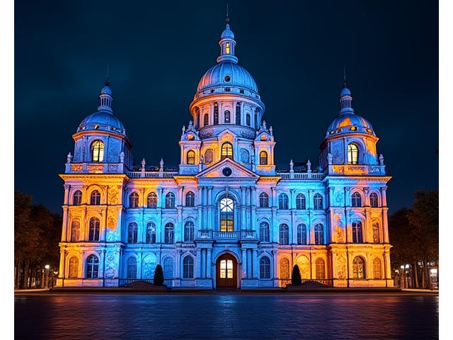 A grand old building facade bathed in intricate and vibrant projection mapping, transforming its appearance.