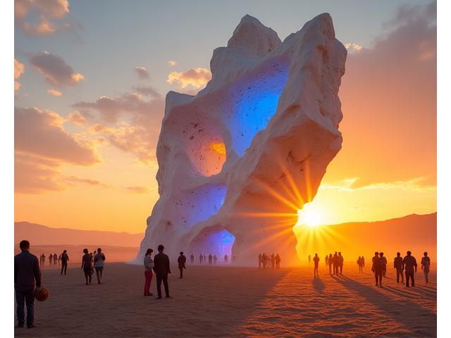 A monumental, glowing abstract sculpture standing impressively against a desert sunset at a festival.