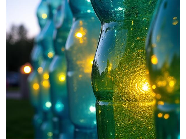 An impressive art installation made entirely from recycled plastic bottles, glowing softly at night.