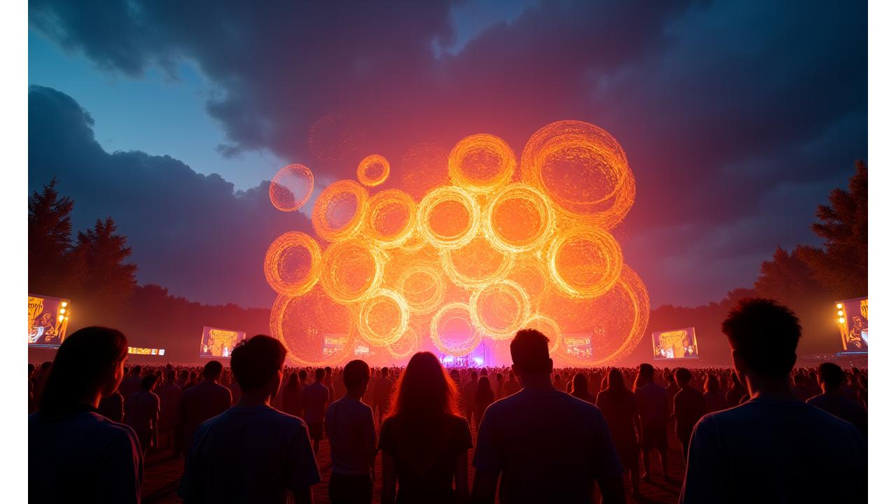 Crowd interacting with a soaring, illuminated art installation at a night festival, showcasing scale and variety.