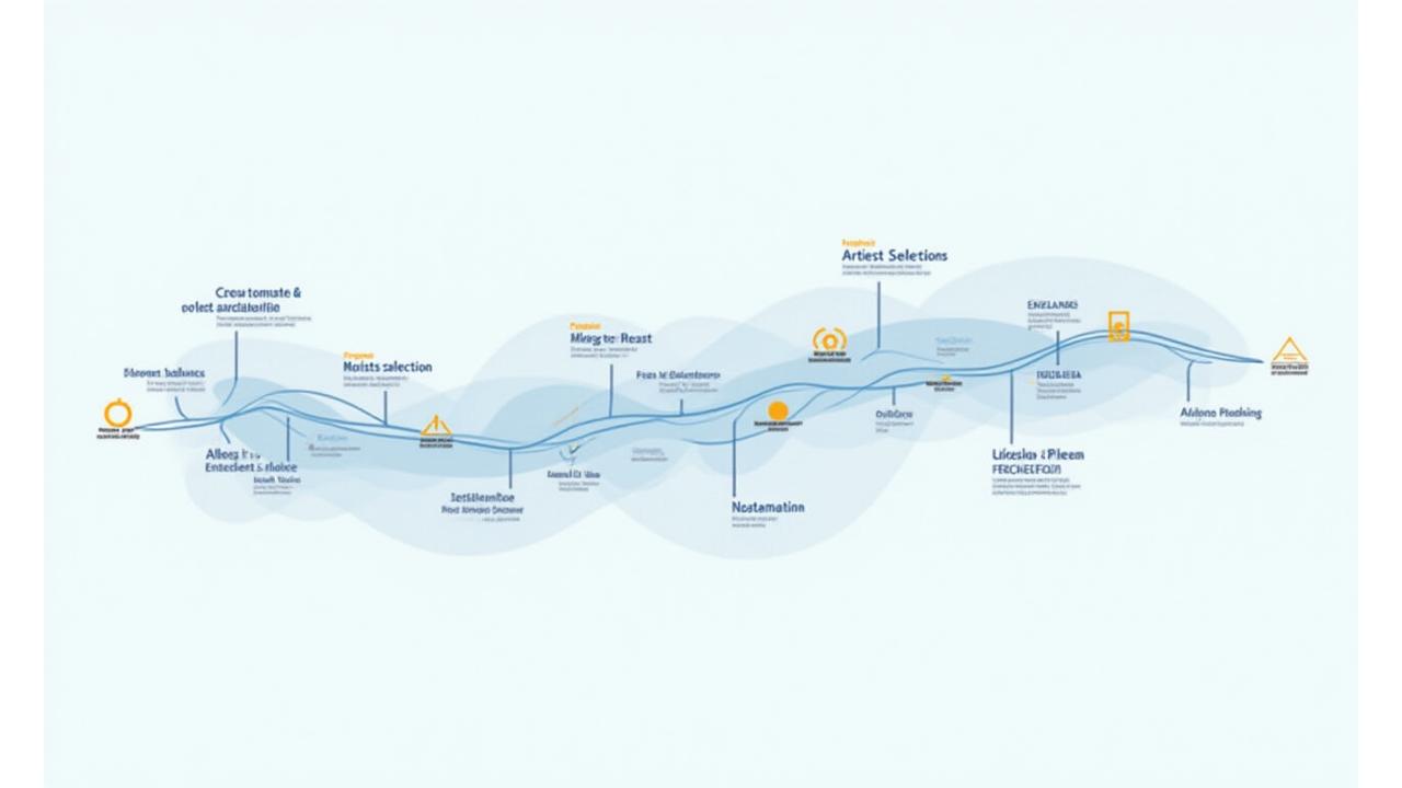 An infographic timeline illustrating the phases of art installation management, from concept to completion, with icons for each stage.