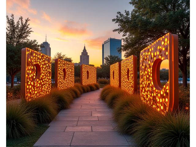 An art installation featuring local Texas flora and cultural motifs, set against a sunset, representing Austin's unique vibe.