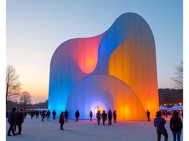A large-scale installation seamlessly integrated with the festival's branding and color scheme, visible during sunrise.