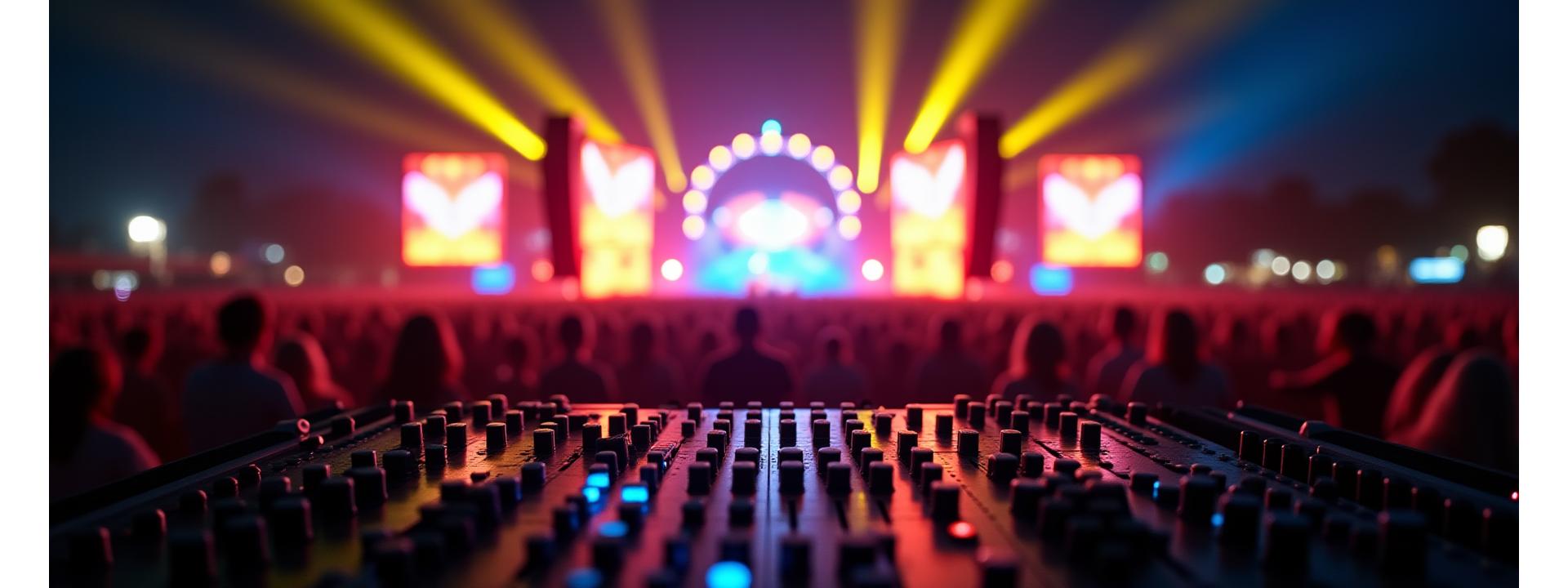 Dynamic festival crowd under vibrant stage lights, viewed from behind a production console