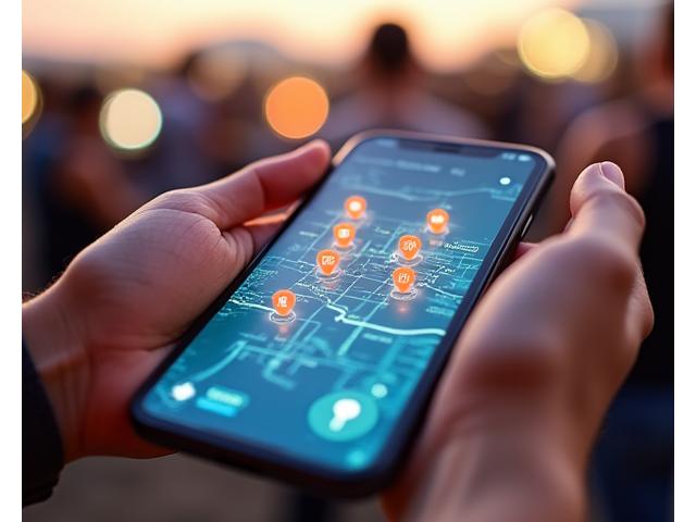 Smartphone screen displaying an augmented reality map of a festival, with interactive pins for stages and vendors.