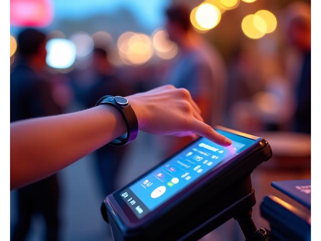 Festival-goer tapping an RFID wristband on a payment terminal at a busy food stall, with glowing digital transaction symbols.