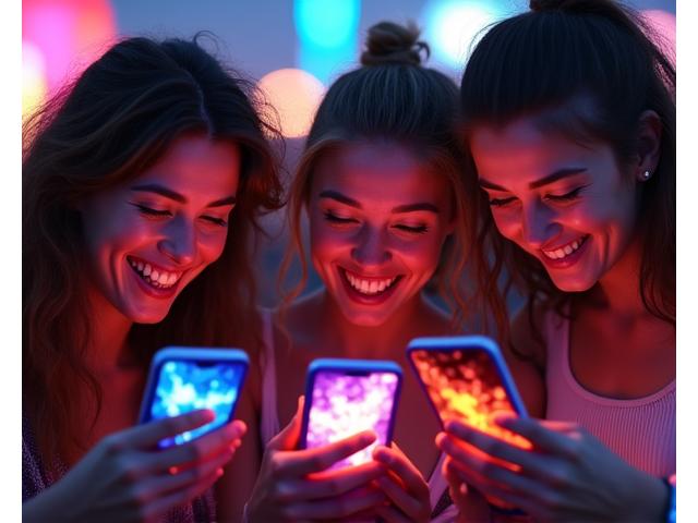 Group of diverse festival-goers looking at their phones with excited expressions, engaging with a festival app with gamified elements depicted on screen.