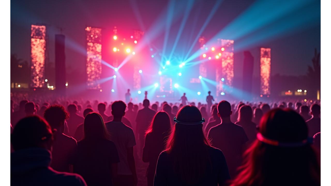 Festival attendees interacting with augmented reality overlays showcasing virtual stage effects and data projections.