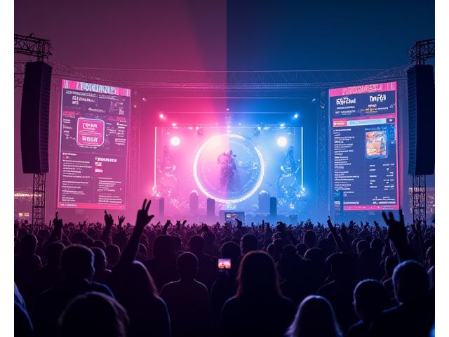 Split view showing a live festival stage on one side and a digital dashboard with interactive chat and polling on the other, representing a hybrid event.