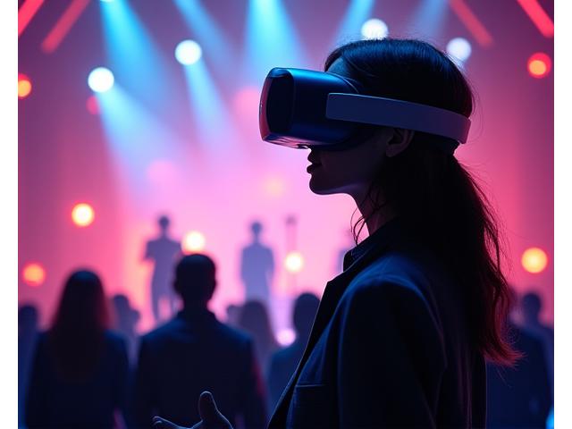 Person wearing a VR headset, immersed in a vibrant virtual concert hall with 3D avatars of performers on stage.