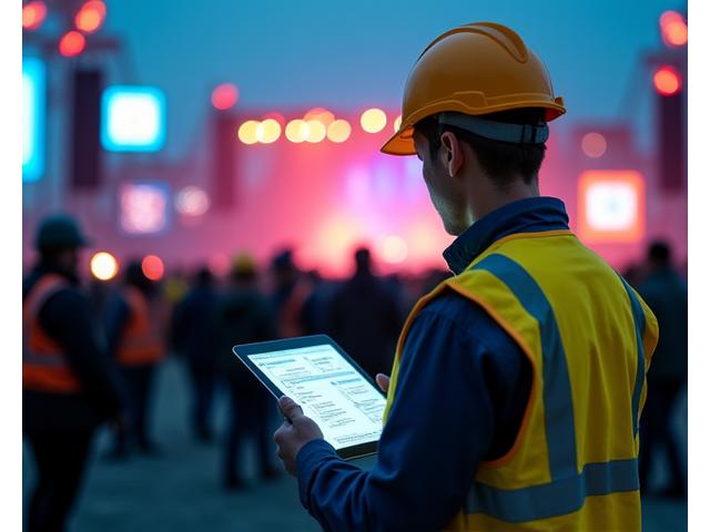 A safety officer reviewing plans at a concert venue, emphasizing risk management.