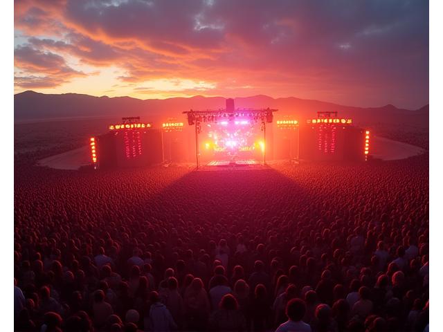 Large festival crowd enjoying a performance at sunset with stage lights.