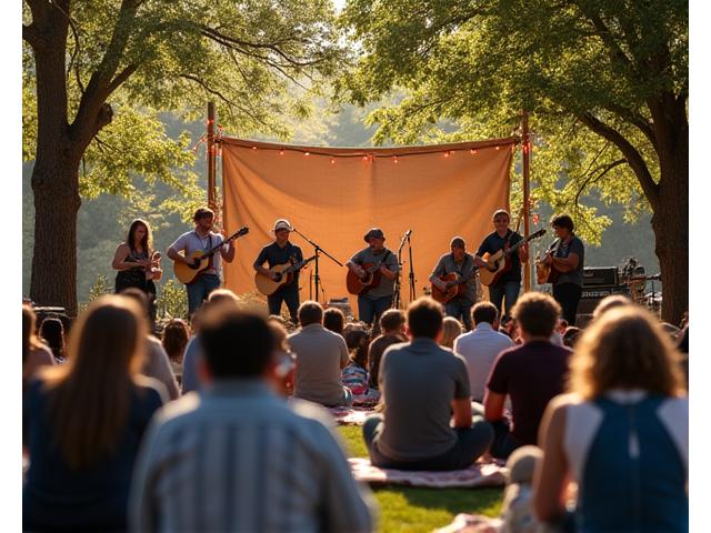 Folk musicians playing acoustic instruments on an outdoor stage at a sunny festival.