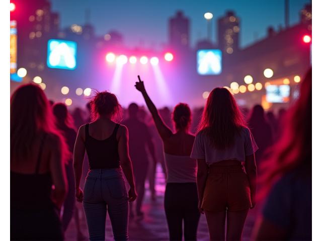 Diverse group of people dancing happily at an urban music festival, vibrant lights.