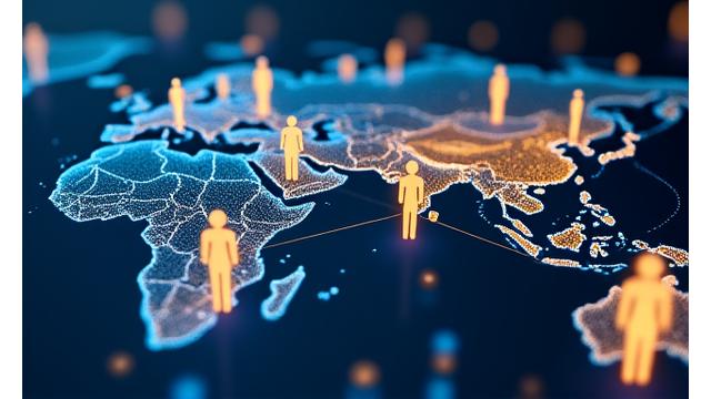 Visual representation of diverse audience personas with demographic data overlaid on a map, indicating targeted marketing.