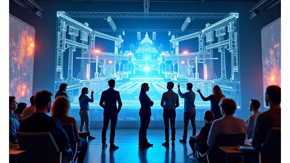 A diverse team of event professionals collaborating around a large digital blueprint of a festival stage.