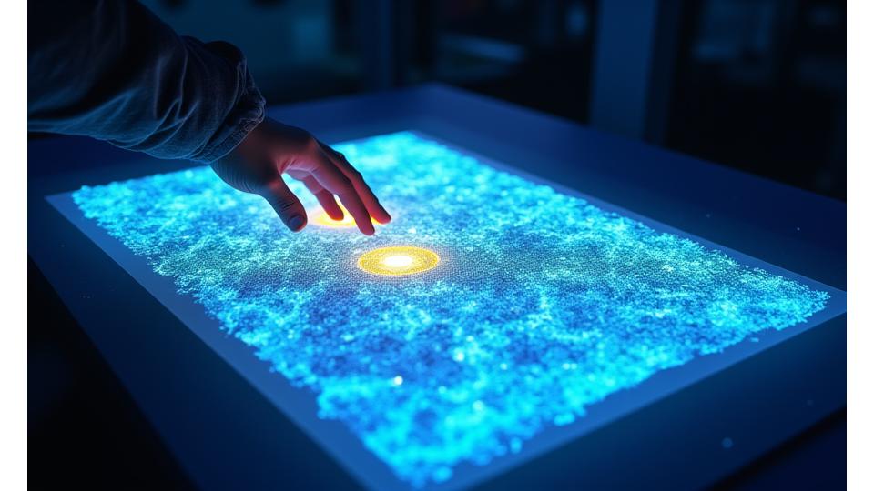 A computer screen displaying a complex 3D acoustic simulation model of a large outdoor festival area, showing sound pressure level distribution and coverage patterns