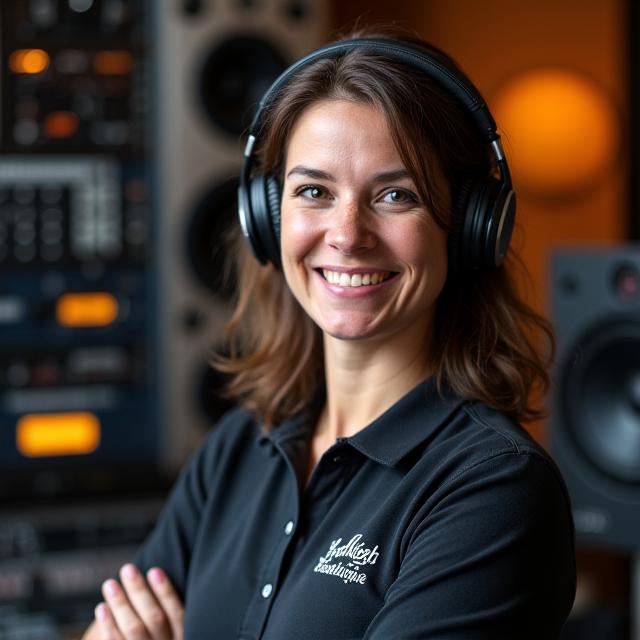 Portrait of Maya Chen, a monitor audio engineer, smiling confidently, amidst backstage audio equipment
