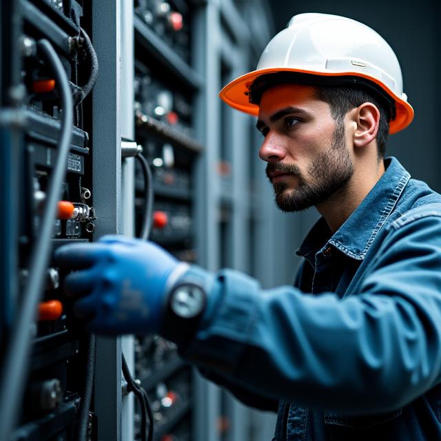 Portrait of Ben Davies, an audio systems technician, working diligently on speaker rigging with a focused expression