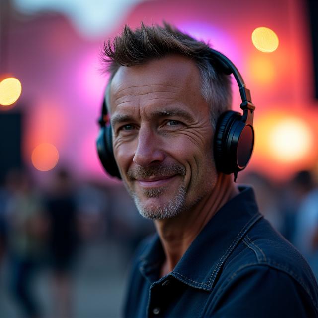 Portrait of Alex Foley, a seasoned FOH audio engineer, focused and professional, with a festival stage background blurred