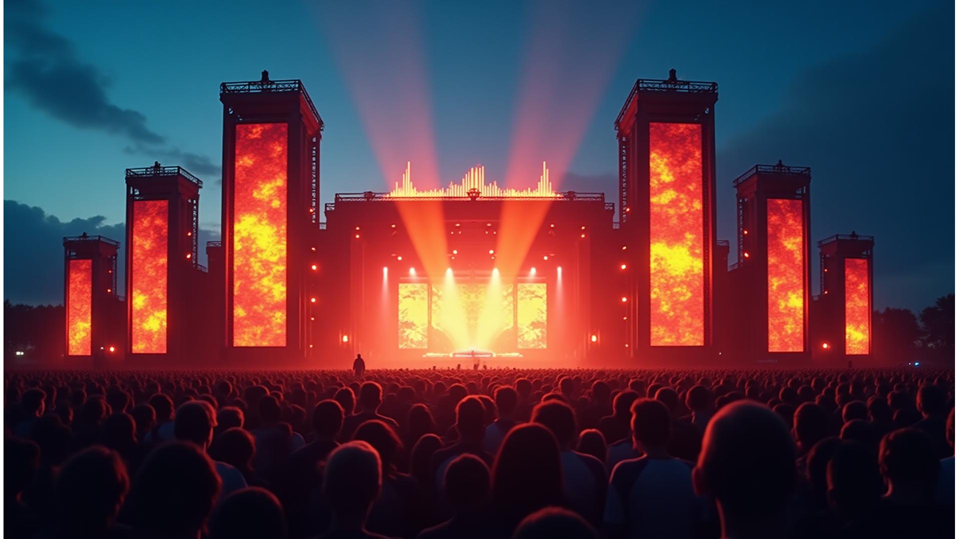 Massive festival stage with state-of-the-art line array speaker systems, pulsating light, and a vibrant crowd silhouetted against the powerful sound waves