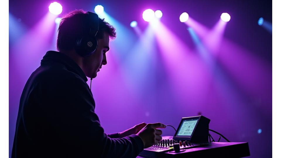 Audio engineer diligently conducting sound checks on stage, illuminated by stage lights, ensuring every microphone and instrument is perfectly tuned