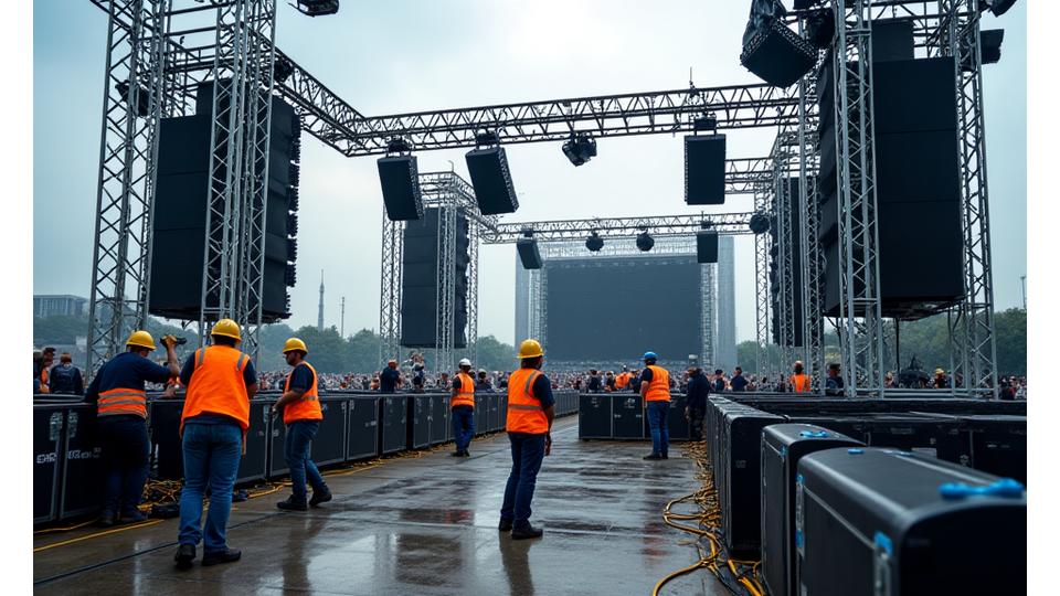 Festival stage under construction with sound technicians installing speaker arrays and running cables, showing organized chaos and professional coordination