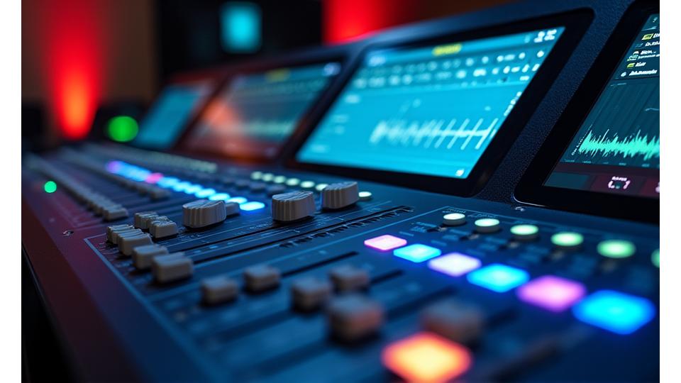 Close-up view of a professional digital mixing console with a high-resolution display and numerous faders, indicating precision control of live audio