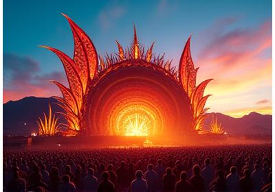 A large, whimsical stage adorned with oversized, glowing floral elements, set against a desert sunset.