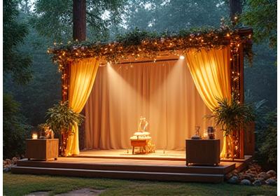 An intimate, rustic stage made of natural wood and adorned with soft, warm lighting and organic floral arrangements, set in a lush forest.