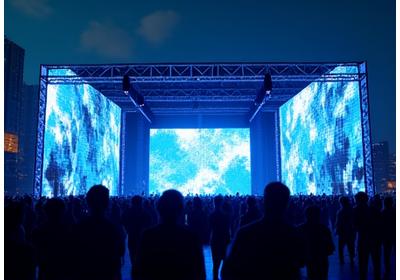 A sleek, modern stage in an urban setting, featuring dynamic LED screens and industrial design elements.