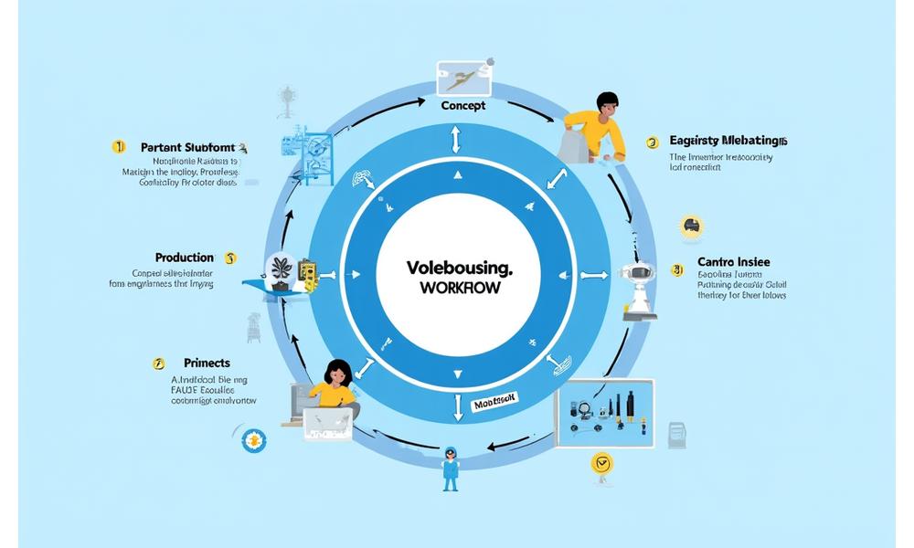 An infographic depicting a circular collaborative design workflow, showing interaction points between artists, producers, designers, and engineers.