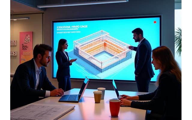 A diverse team of designers, engineers, and artists collaboratively reviewing blueprints and 3D models on large screens.