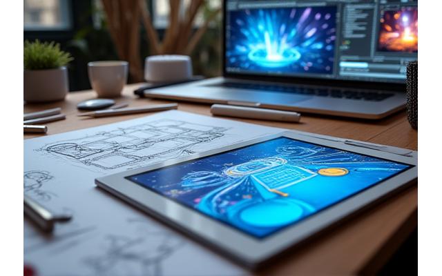 Hand sketches and digital renderings illustrating a stage conceptualization process, showing evolution from idea to final design.