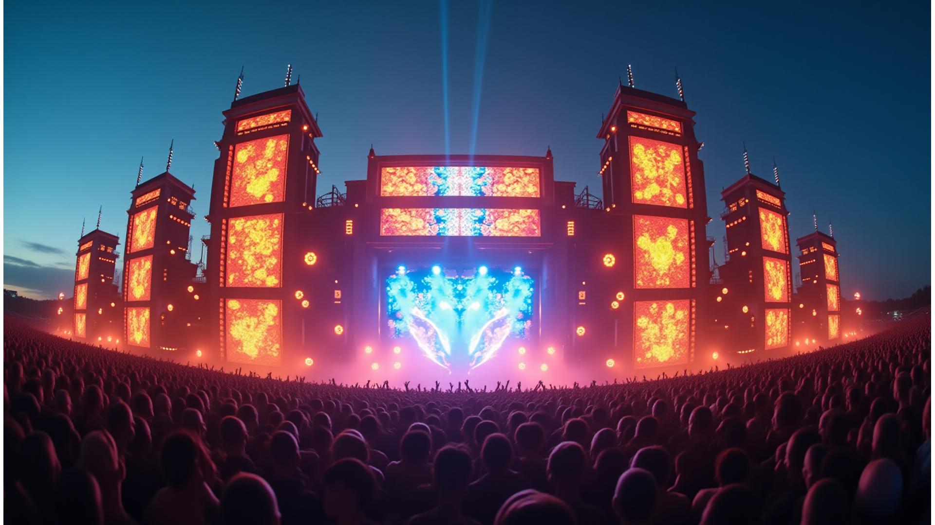 Panoramic view of a massive festival stage with intricate LED screens displaying vibrant visuals, lasers cutting through hazesm and a diverse crowd cheering.