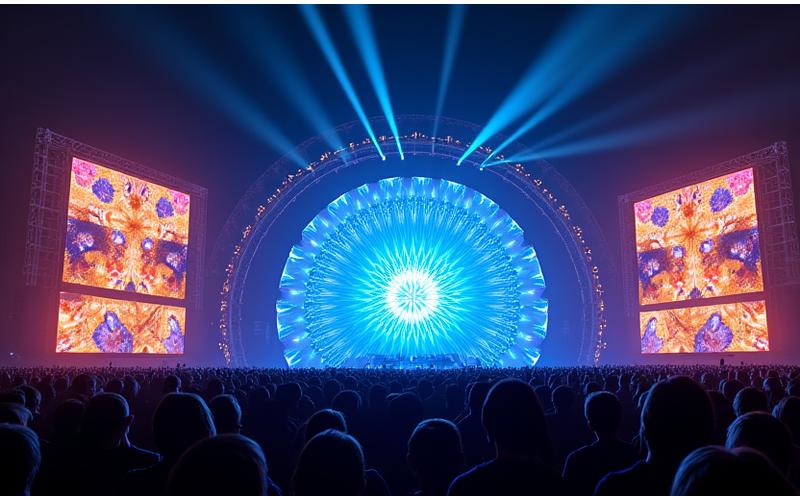 A complex stage setup with massive LED walls displaying intricate, synchronized graphics and dazzling projection mapping effects.