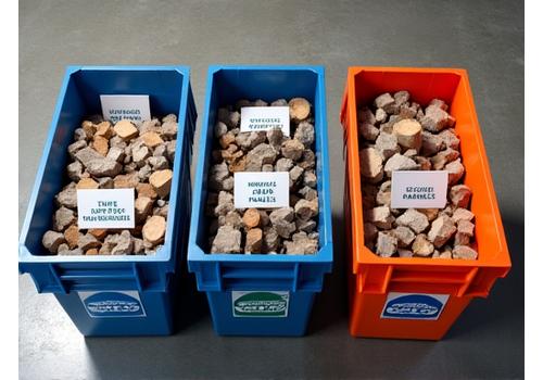 Workers sorting stage construction waste into bins for recycling and composting, demonstrating effective waste management.