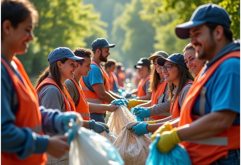 Festival volunteers and local community members participating in a river clean-up, demonstrating positive environmental impact beyond the festival gates.
