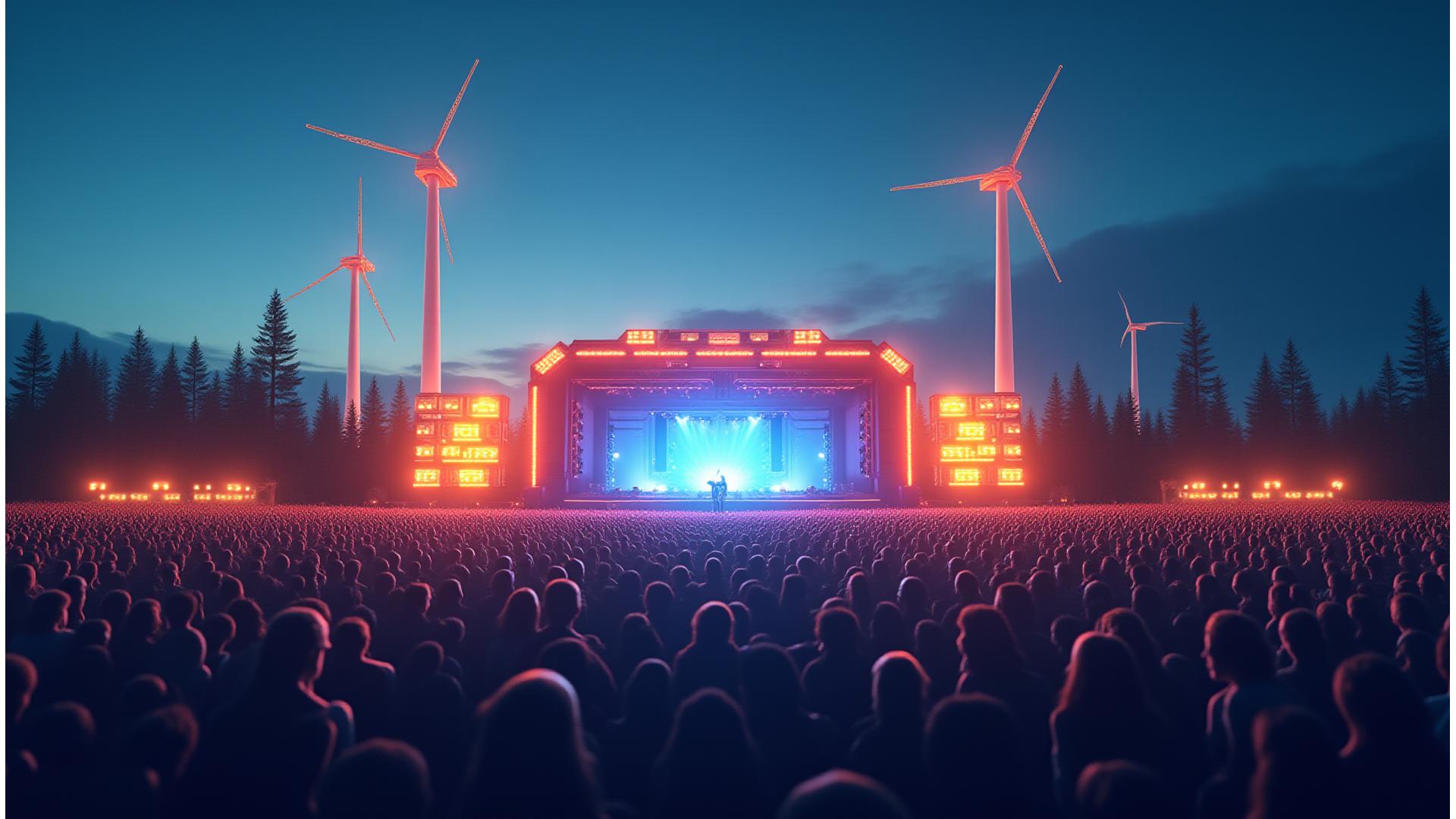 Panoramic view of a vibrant, sustainable music festival powered by solar panels and wind turbines, with attendees enjoying the clean energy environment.
