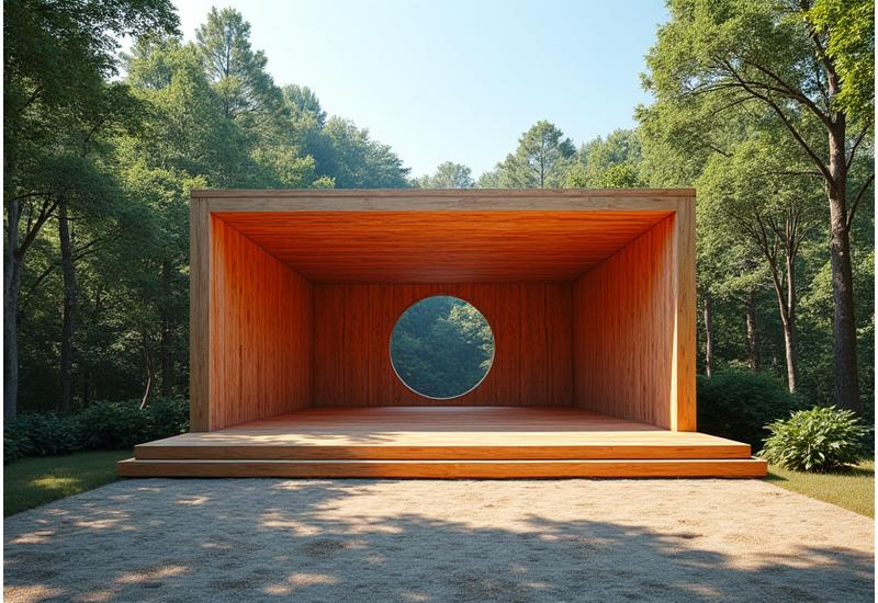 A beautifully designed, modular festival stage constructed from reclaimed wood and sustainable, recyclable materials, blending harmoniously with a natural outdoor environment.