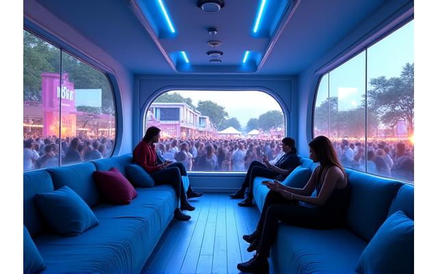 A serene, climate-controlled lounge with plush seating and soft lighting, for festival VIPs.