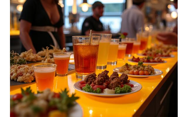 A vibrant bar setup with gourmet food displays and premium drinks, ready for VIP guests.