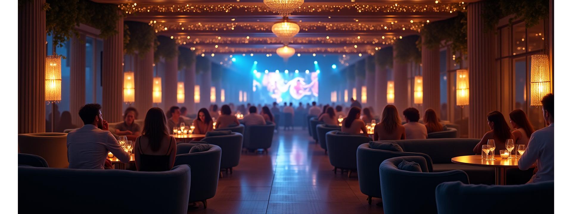 Luxurious VIP lounge area bathed in warm, inviting light with attendees enjoying premium amenities at a vibrant music festival.