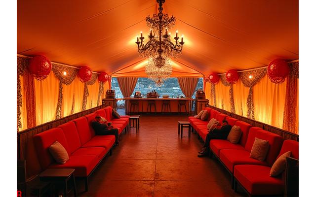 Vibrant aerial shot of a luxury festival tent with comfortable seating and exclusive bar service, indicating platinum VIP access.