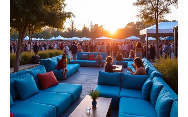 Stylish attendees enjoying an exclusive lounge, showcasing premium VIP festival access.