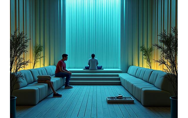 A calming outdoor space with subtle lighting and comfortable seating, ideal for VIP relaxation.